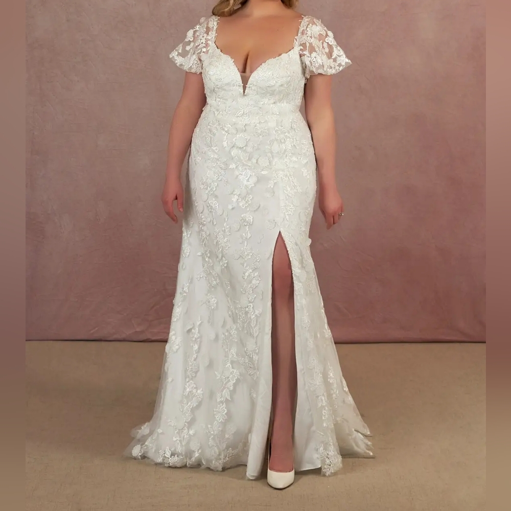Azazie White Lace Wedding Dress with Cap Sleeves